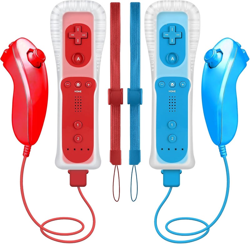 HZIME Replacement Remote Controller Compatible for Wii & Wii U, Built-in 2 in 1 Motion Plus with Silicon Case and Nunchuck (2 Pack Blue & Red) - Image 1